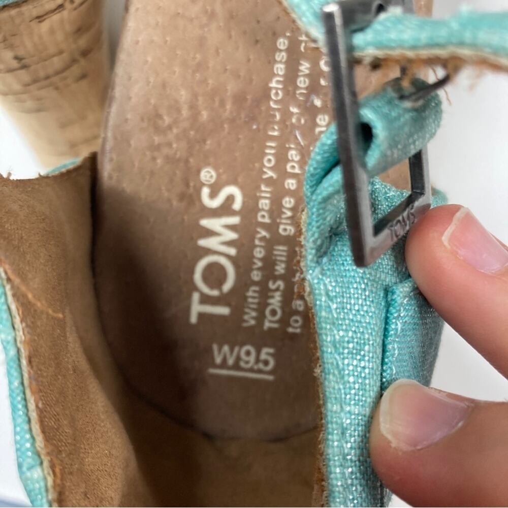 3/$30 Toms | Shimmery Aqua Cross Strappy Platform Cork Heels 9.5 - Picture 6 of 10